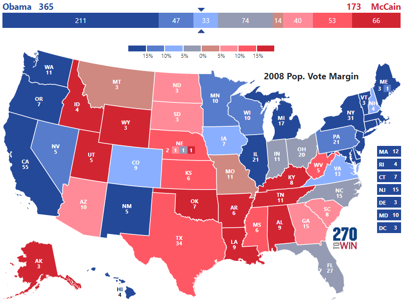 2008 Presidental Election Electoral College Votes with Margin of Victory Shading from 270towin