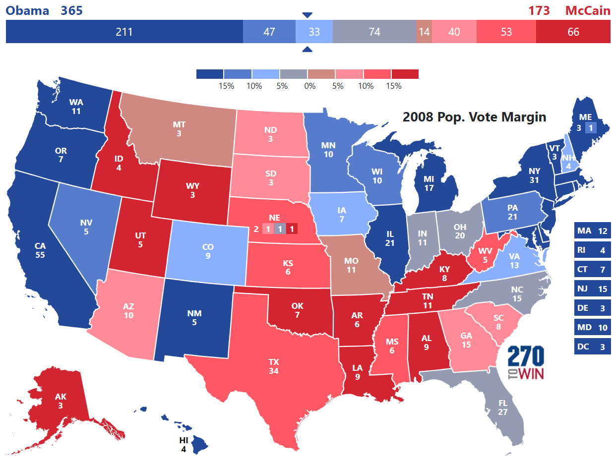 2008 Presidental Election Electoral College Votes with Margin of Victory Shading from 270towin