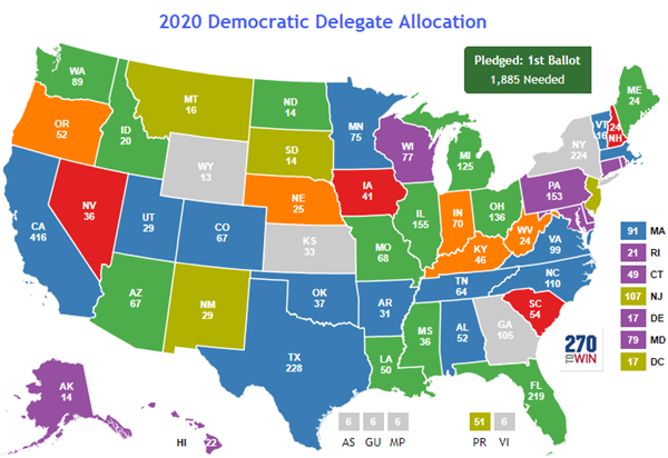 delegate count by state map 2020 Updated Democratic Primary Map With Pledged Delegate Counts delegate count by state map 2020