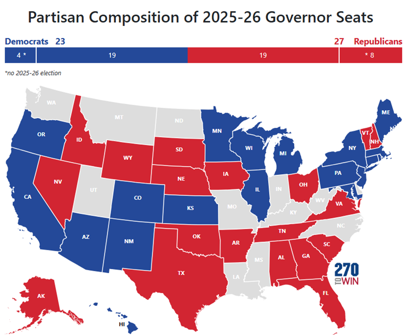 New Interactive Map 20252026 Gubernatorial Elections 270toWin